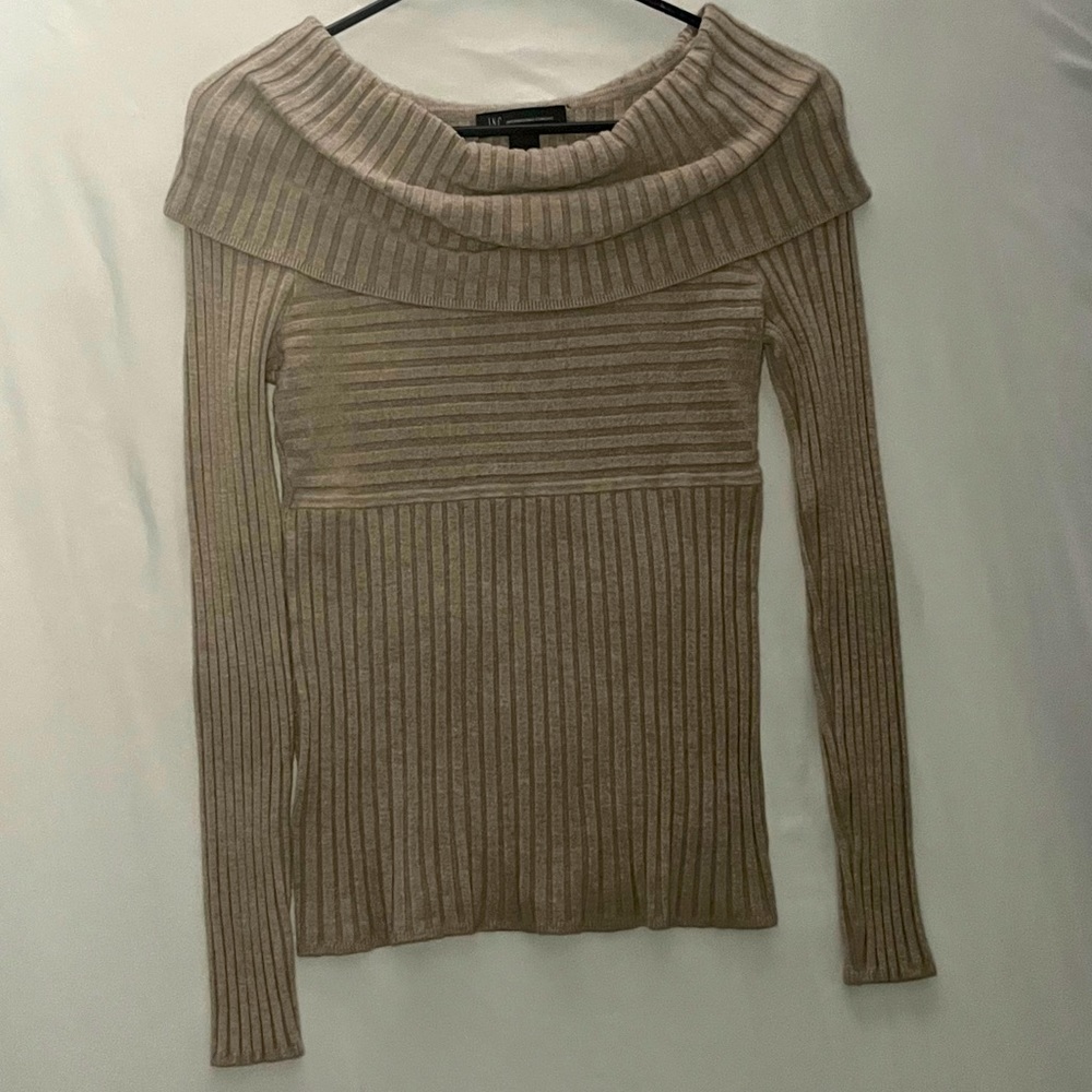 Beige Cowl-Neck Ribbed Sweater